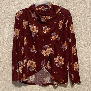 Burgundy floral swoop neck button top sweater